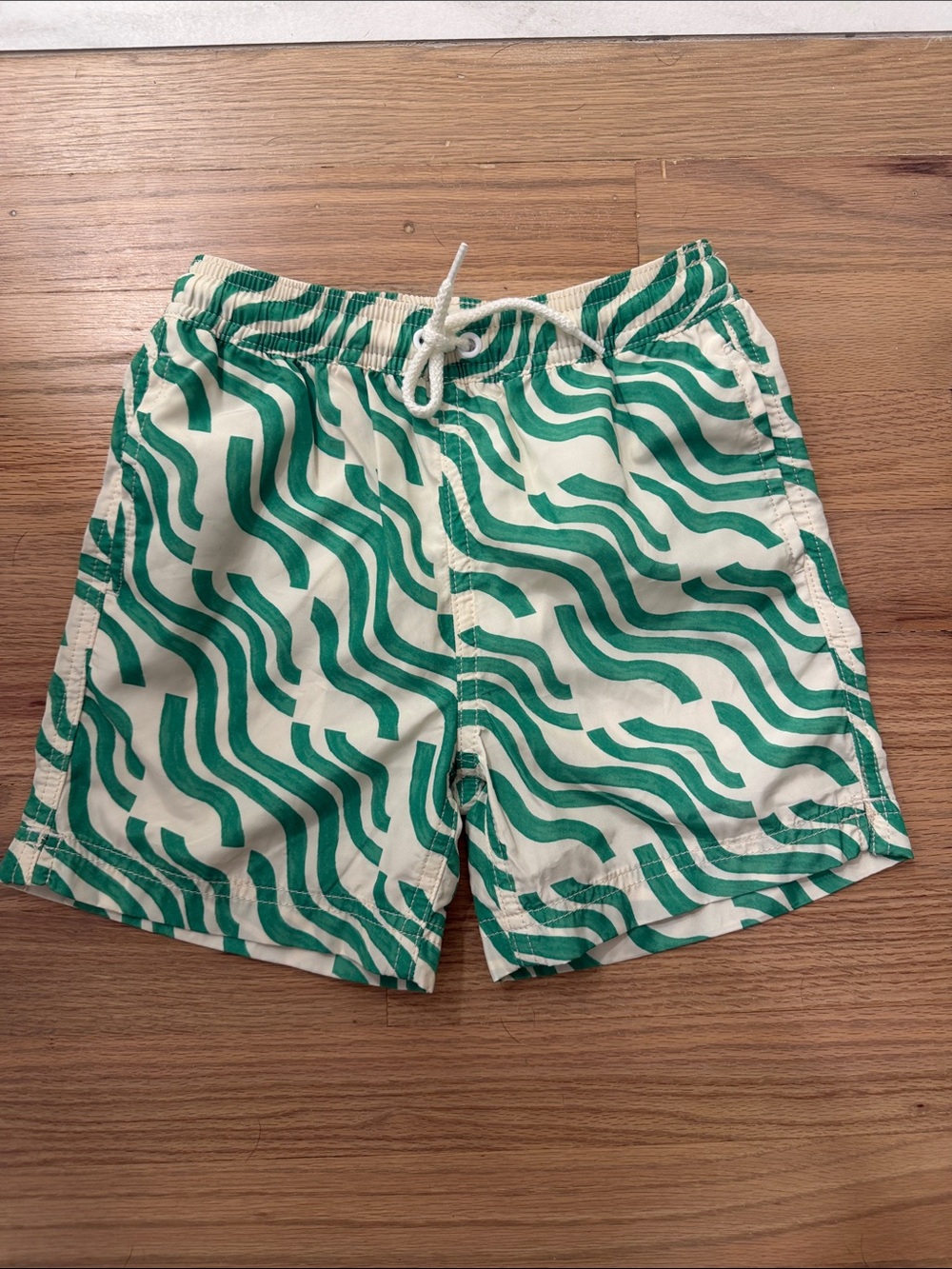 Crewcuts Green and White Wavy Print Swim Trunks
